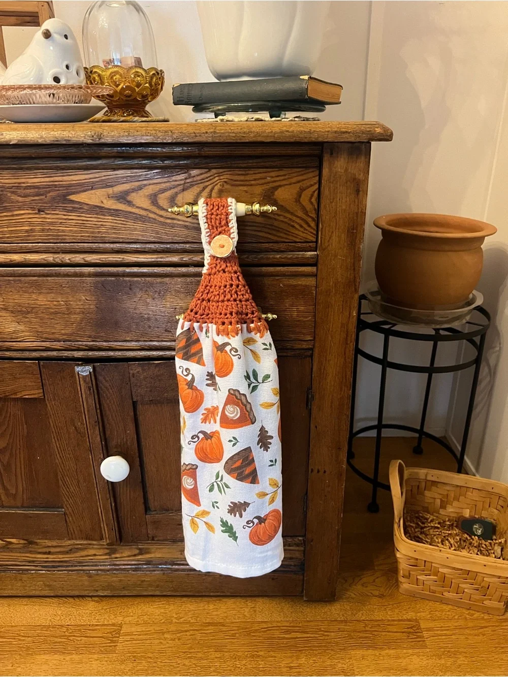 Fall Pumpkin Kitchen Towel with Rust Crochet Top bundle comes coaster & soap